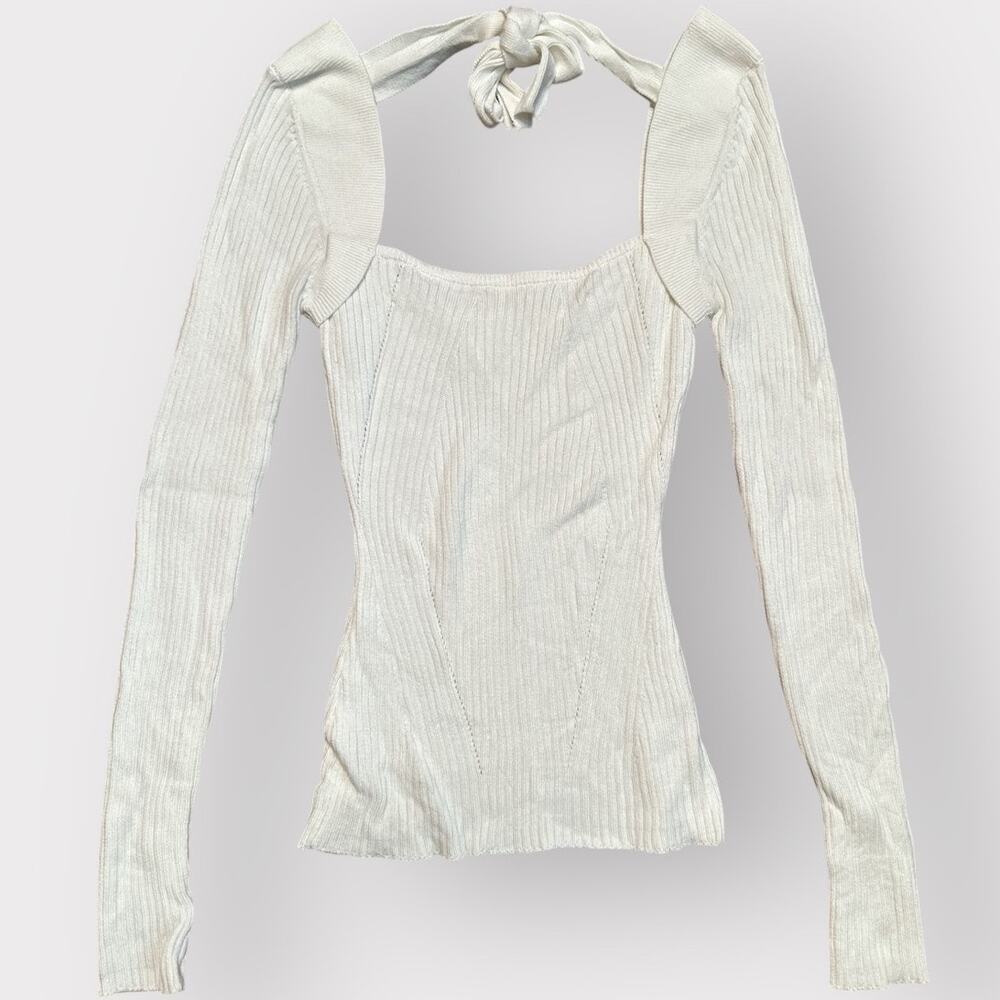 Lovers and Friends White Tie Back Fitted Long Sleeve Cotton Blend Rib Sweater S - Picture 3 of 6